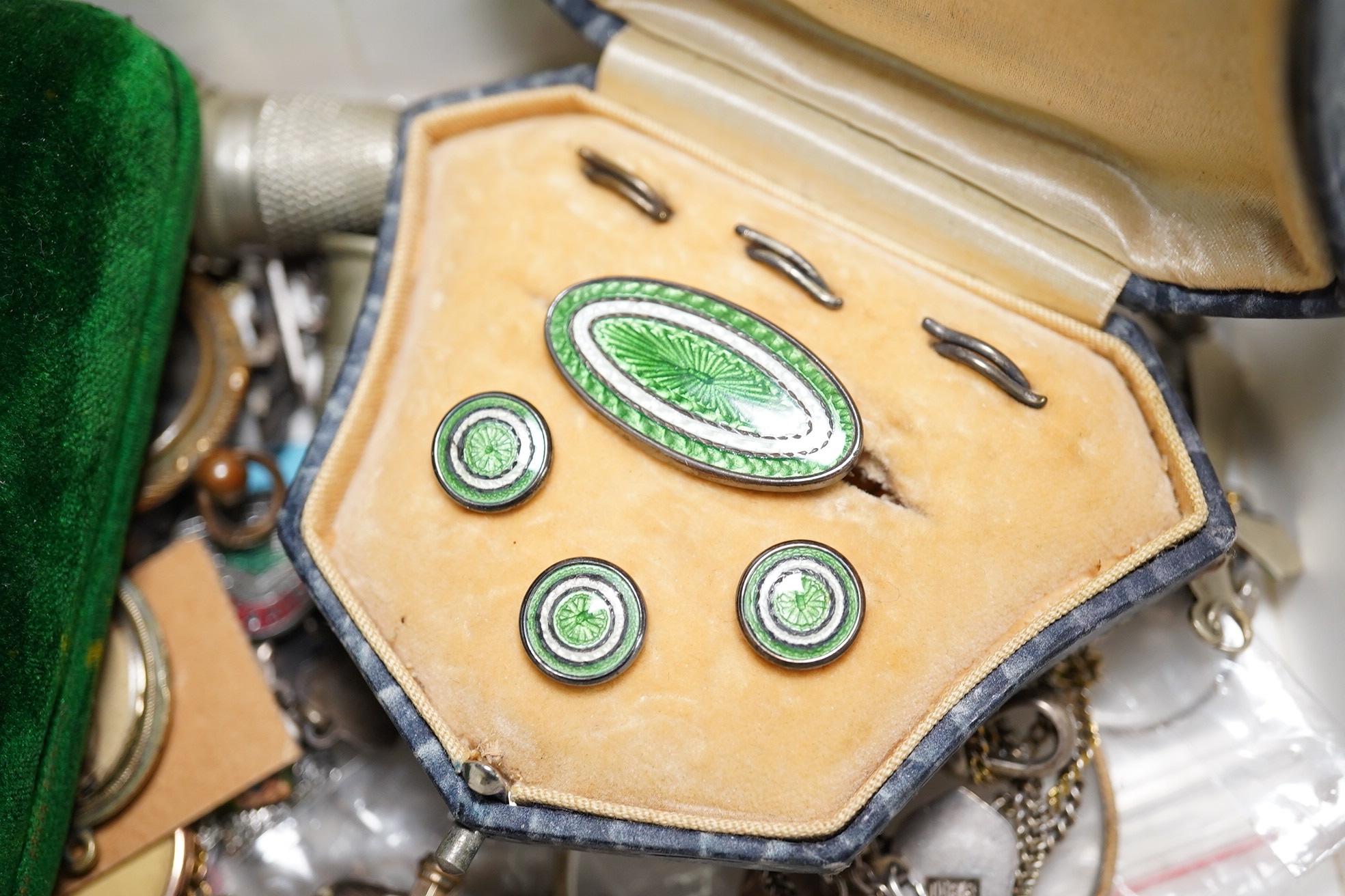 A quantity of assorted jewellery including costume, 9ct and diamond set stick pin, enamelled charms part sterling and enamel set etc. Condition - poor to fair